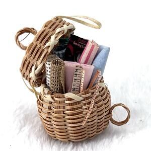 Vintage Mini Artisan Wicker Sewing Basket & Fabric Dollhouse Miniature 1:12